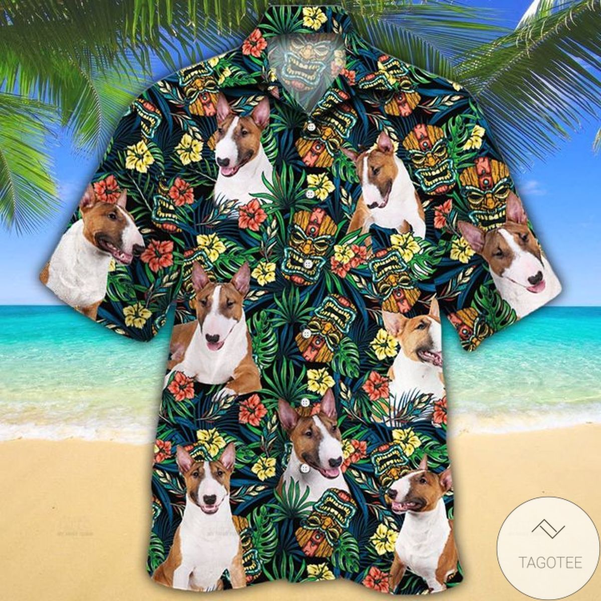 Miniature Bull Terrier Dog Lovers Tribal Tiki Mask Hawaiian Shirt