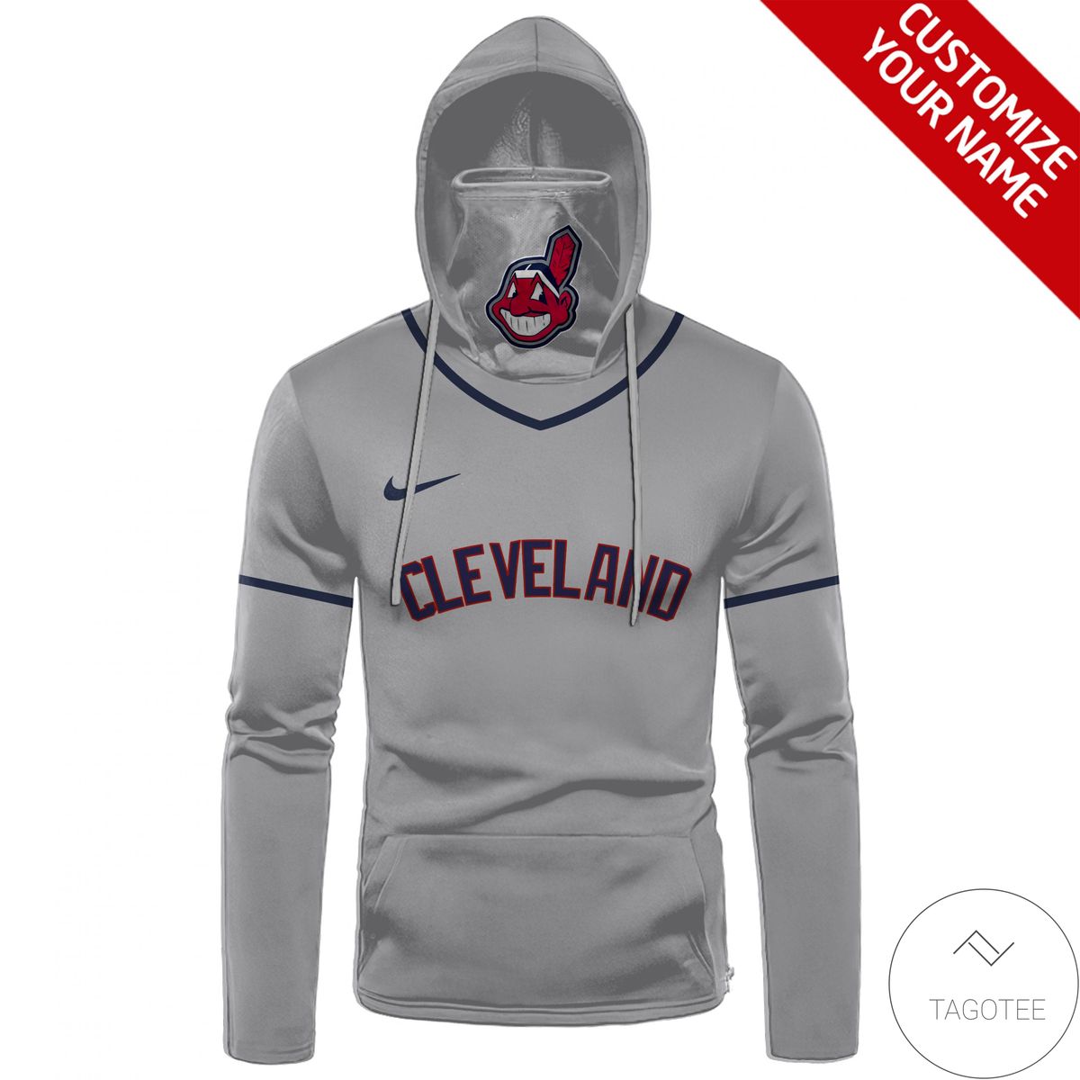 Personalized Name And Number Cleveland Indians Grey Gaiter Mask Hoodie