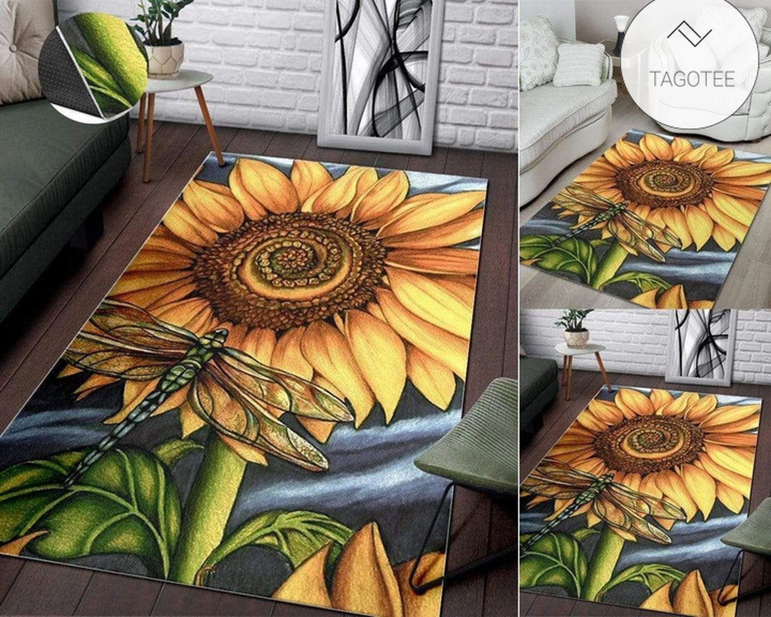 Beautiful Dragonfly In On Sunflower Rectangle Rug