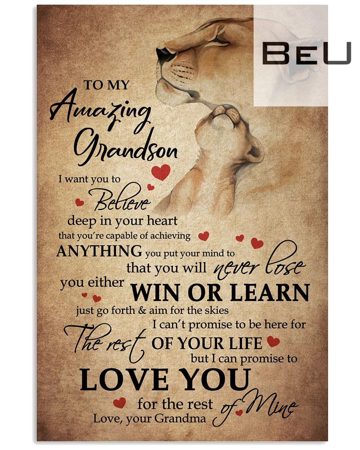 Lion To My Amazing Grandson You Will Never Lose You Either Win Or Learn Poster